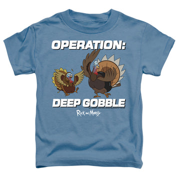 Carolina blue toddler t-shirt with Rick and Morty Operation Deep Gobble graphic