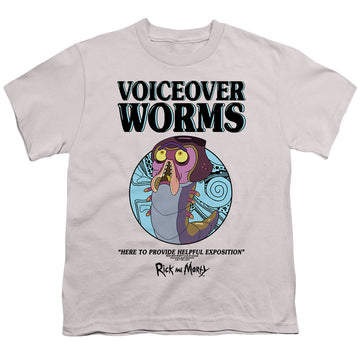 Silver youth t-shirt for ages 8 to 12 with Rick and Morty Voiceover Worms graphic