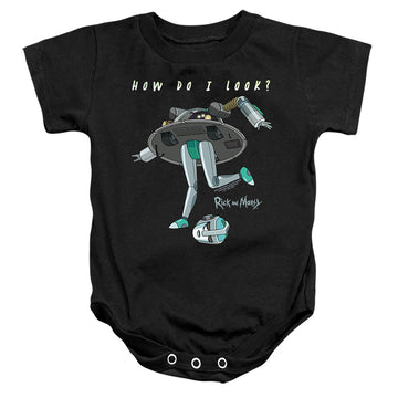 Black baby bodysuit with Rick and Morty How Do I Look? graphic