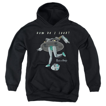 Black youth hoodie for ages 8 to 12 with Rick and Morty How Do I Look? graphic