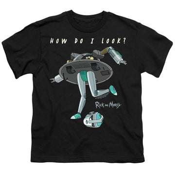 Black youth t-shirt for ages 8 to 12 with Rick and Morty How Do I Look? graphic