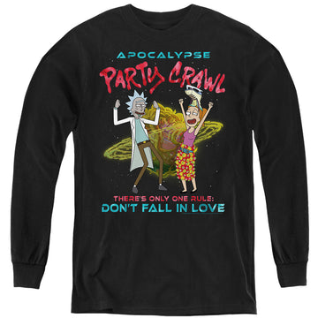 Black youth long sleeve t-shirt with Rick and Morty Apocalypse Party Crawl graphic