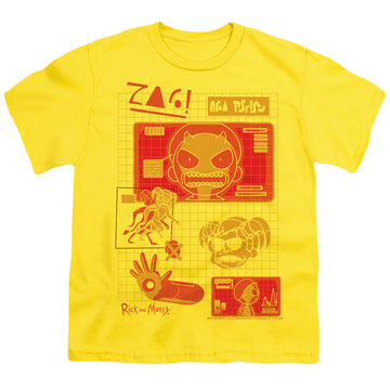 Yellow youth t-shirt for ages 8 to 12 with Rick and Morty Devil Morty graphic