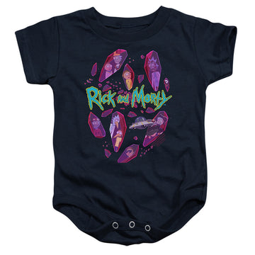 Navy baby bodysuit with Rick and Morty Death Crystal Futures graphic