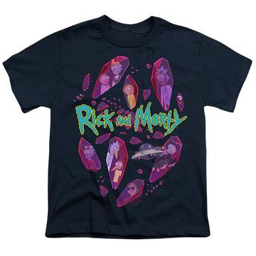 Navy youth t-shirt for ages 8 to 12 with Rick and Morty Death Crystal Futures graphic
