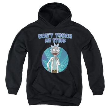 Black youth hoodie for ages 8 to 12 with Rick and Morty Don't Touch graphic