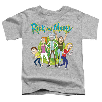 Athletic heather toddler t-shirt with Rick and Morty Family Fights Together graphic