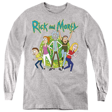 Athletic heather youth long sleeve t-shirt with Rick and Morty Family Fights Together graphic