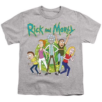 Athletic heather youth t-shirt for ages 8 to 12 with Rick and Morty Family Fights Together graphic