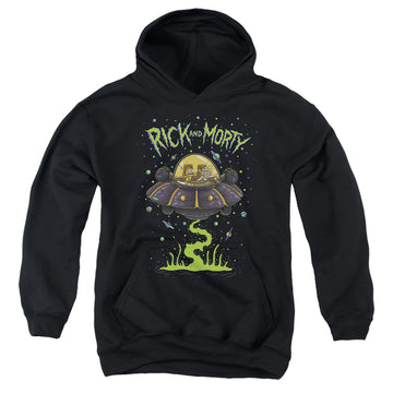 Black youth hoodie for ages 8 to 12 with Rick and Morty Ufo graphic