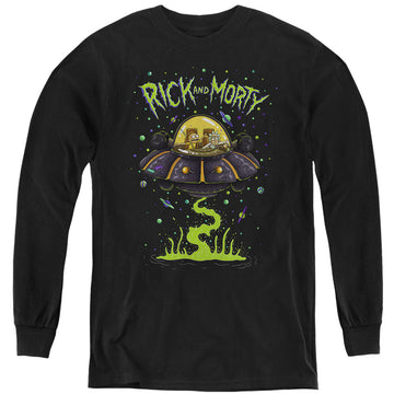 Black youth long sleeve t-shirt with Rick and Morty Ufo graphic