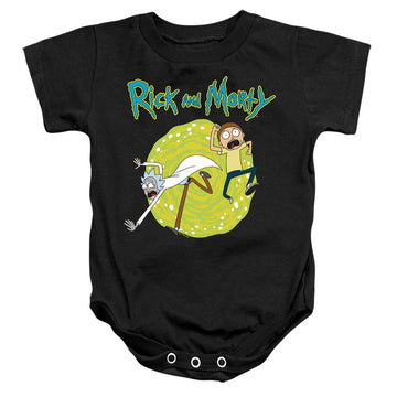 Black baby bodysuit with Rick and Morty Portal graphic