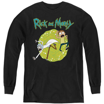 Black youth long sleeve t-shirt with Rick and Morty Portal graphic