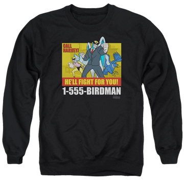 Black men's crewneck sweatshirt with Harvey Birdman Birdman Ad graphic
