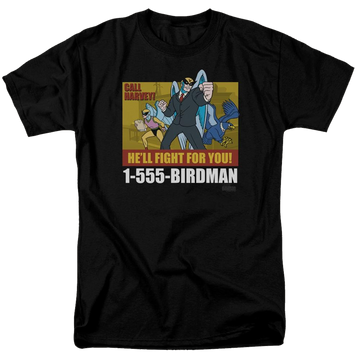 Black men's regular fit t-shirt with Harvey Birdman Birdman Ad graphic