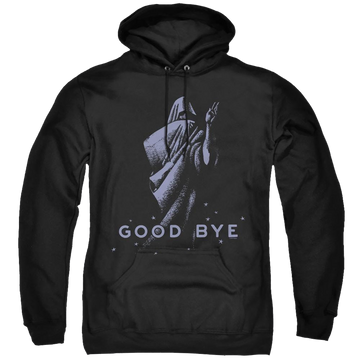 Black pullover hoodie with Hasbro Ouija Board Good Bye graphic