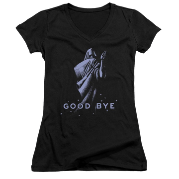Black juniors v-neck t-shirt with Hasbro Ouija Board Good Bye graphic