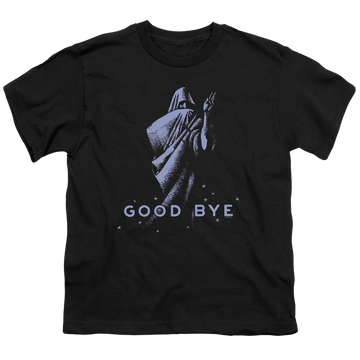 Black youth t-shirt for ages 8 to 12 with Hasbro Ouija Board Good Bye graphic
