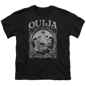 Black youth t-shirt for ages 8 to 12 with Hasbro Ouija Board Two Player graphic