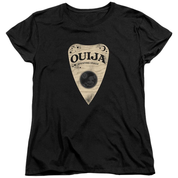 Black women's t-shirt with Hasbro Ouija Board Planchette graphic