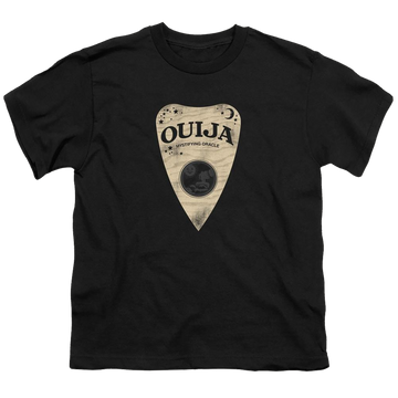 Black youth t-shirt for ages 8 to 12 with Hasbro Ouija Board Planchette graphic
