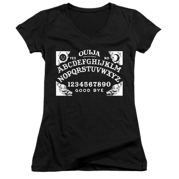Black juniors v-neck t-shirt with Hasbro Ouija Board On Black graphic