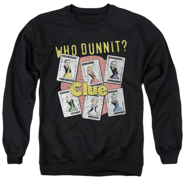 Black men's crewneck sweatshirt with Hasbro Gaming Clue Who Dunnit graphic