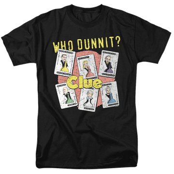 Black men's regular fit t-shirt with Hasbro Gaming Clue Who Dunnit graphic