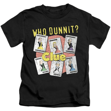 Black kid's t-shirt for ages 4 to 7 with Hasbro Gaming Clue Who Dunnit graphic