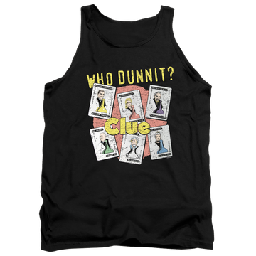 Black men's tank with Clue Hasbro Who Dunnit graphic