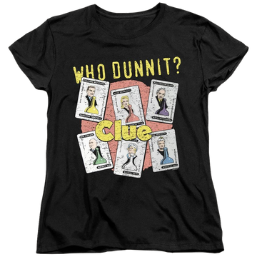Black women's t-shirt with Hasbro Gaming Clue Who Dunnit graphic