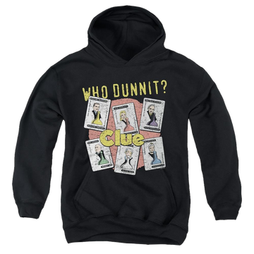 Black youth hoodie for ages 8 to 12 with Hasbro Gaming Clue Who Dunnit graphic