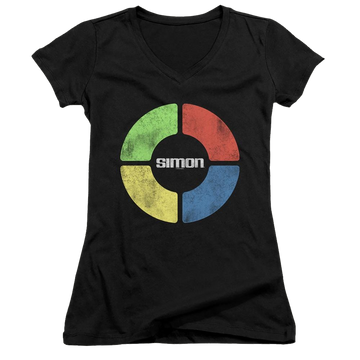 Black juniors v-neck t-shirt with Hasbro Gaming Simon Says graphic