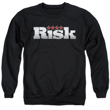 Black men's crewneck sweatshirt with Hasbro Risk Logo graphic