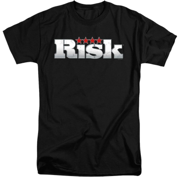 Black men's tall fit t-shirt with Hasbro Risk Logo graphic