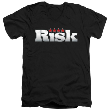 Black men's v-neck t-shirt with Hasbro Risk Logo graphic