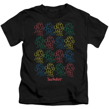 Black kid's t-shirt for ages 4 to 7 with Hasbro Twister Retro Fashion Icon graphic