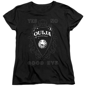 Black women's t-shirt with Hasbro Ouija Board Planchette graphic