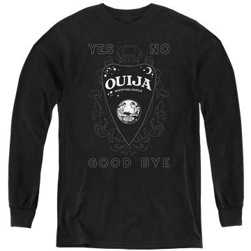 Black youth long sleeve t-shirt with Hasbro Ouija Board Planchette graphic