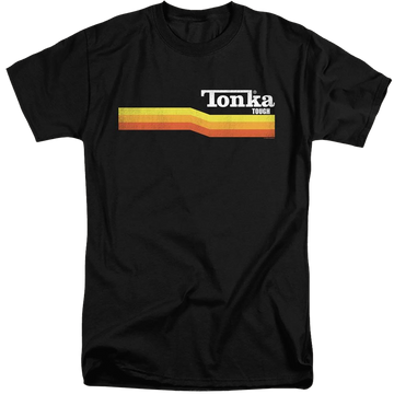 Black men's tall fit t-shirt with Hasbro Tonka Stripe graphic