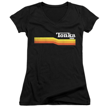 Black juniors v-neck t-shirt with Hasbro Tonka Stripe graphic