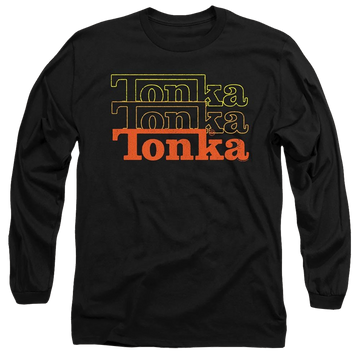 Black men's long sleeve t-shirt with Hasbro Tonka Tonka Tonka graphic