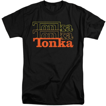 Black men's tall fit t-shirt with Hasbro Tonka Tonka Tonka graphic