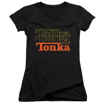 Black juniors v-neck t-shirt with Hasbro Tonka Tonka Tonka graphic