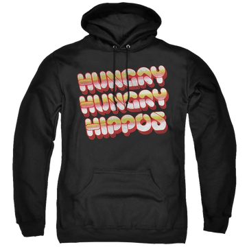 Black pullover hoodie with Hungry Hungry Hippos Vintage Logo graphic