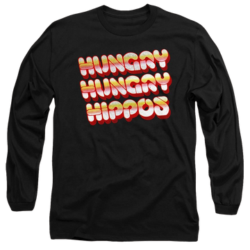 Black men's long sleeve t-shirt with Hungry Hungry Hippos Vintage Logo graphic