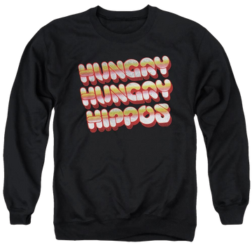 Black men's crewneck sweatshirt with Hungry Hungry Hippos Vintage Logo graphic