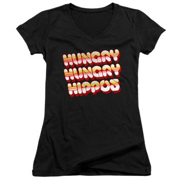 Black juniors v-neck t-shirt with Hungry Hungry Hippos Vintage Logo graphic