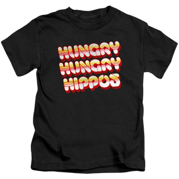 Black kid's t-shirt for ages 4 to 7 with Hungry Hungry Hippos Vintage Logo graphic