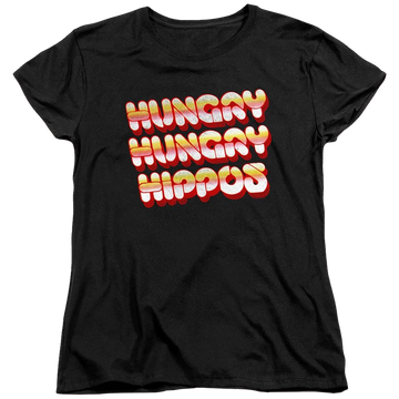 Black women's t-shirt with Hungry Hungry Hippos Vintage Logo graphic